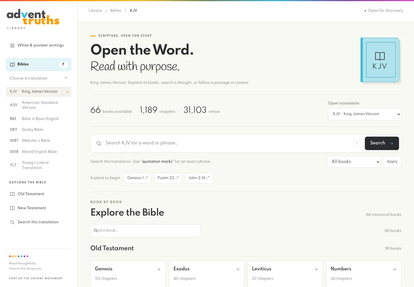 The library's Bible explorer, showing the King James Version and navigation through Bible books and chapters.