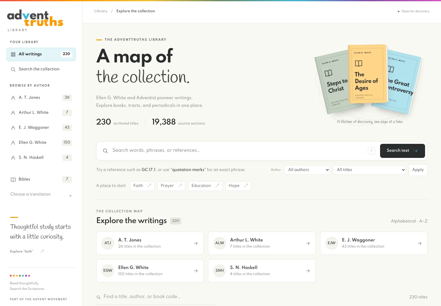 The AdventTruths Library collection explorer, with author browsing, book covers, and a search field.