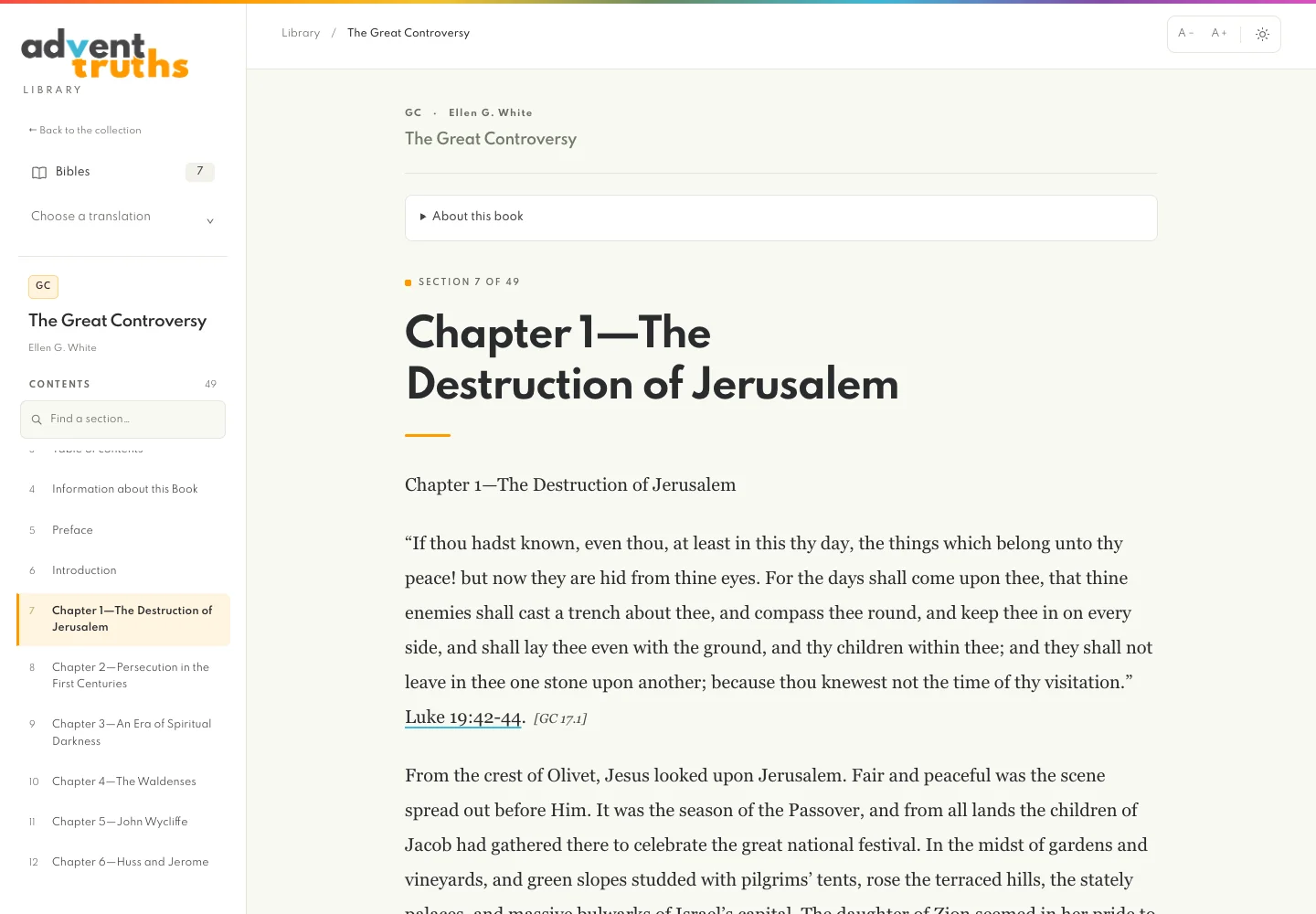 The Great Controversy reader, with a verified GC 17.1 paragraph reference and a linked Bible citation beside the passage.